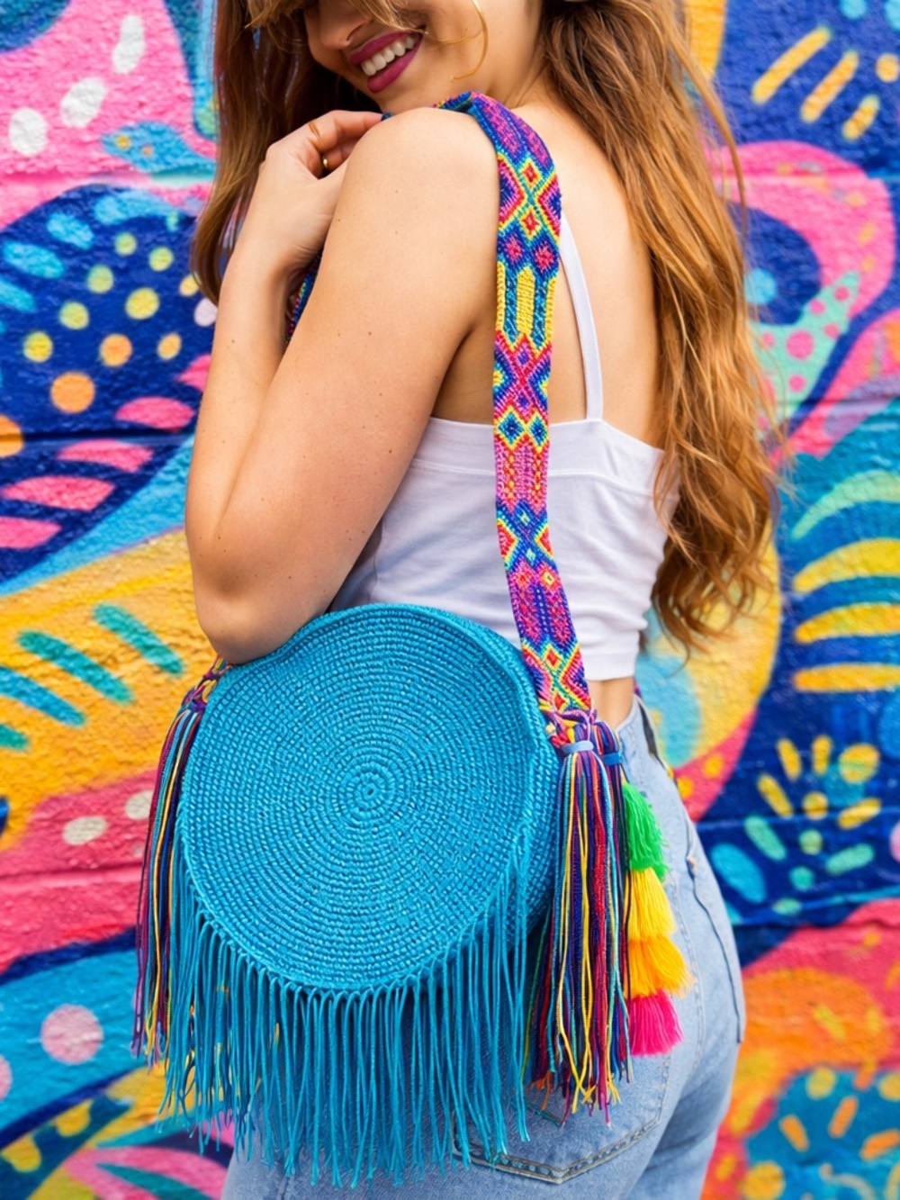Handcrafted Mochila Vibrant Hand-Woven Shoulder Strap Bag Colorful Tassel/Fringe